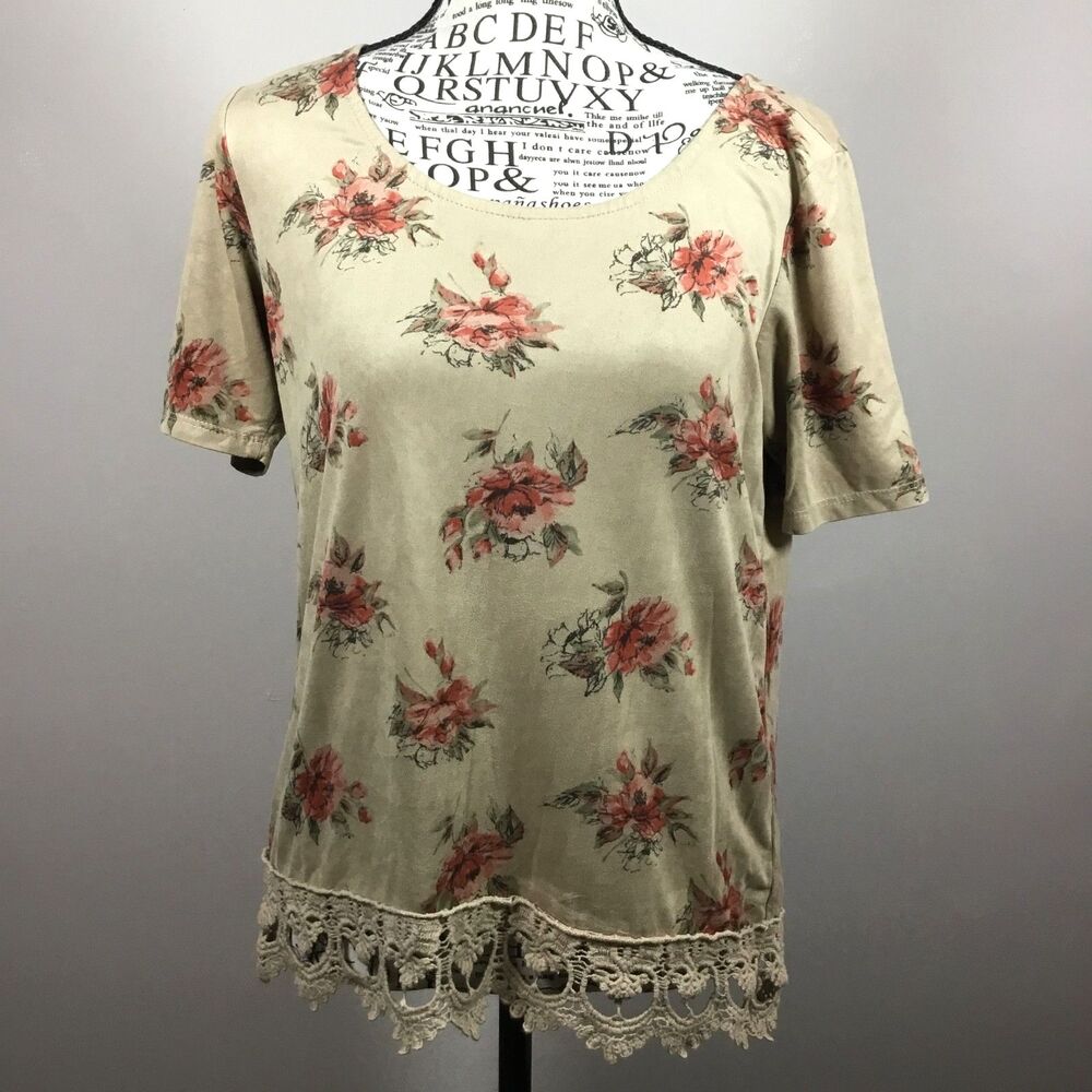 Suede feel rose chintz print crochet hem tan top western cottagecore witchy S